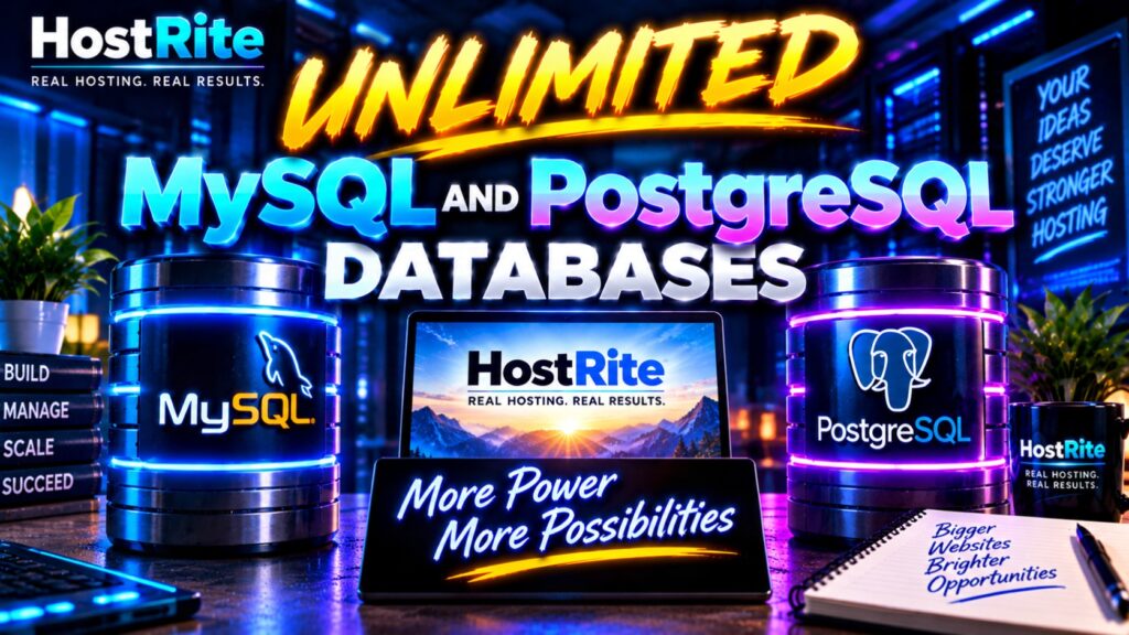 Unlimited mysql and postgresql databases hostrite news Promotional banner for hostrite showing mysql and postgresql databases with glowing neon text and devices in a data center scene