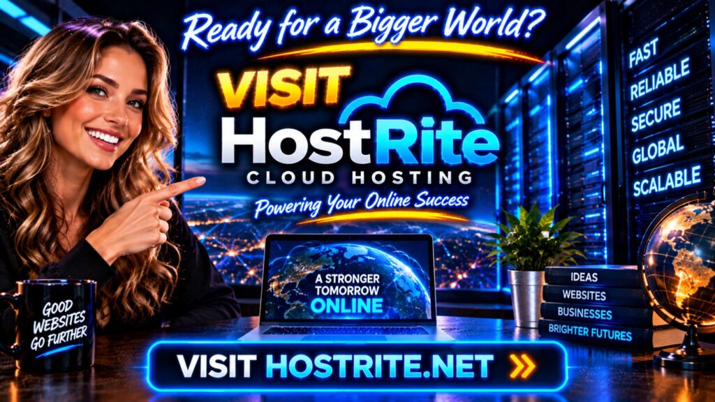 Visit hostrite cloud hosting 1 hostrite news Smiling woman points to a neon hostrite cloud hosting ad with'Visit HostRite.net' and a laptop screen