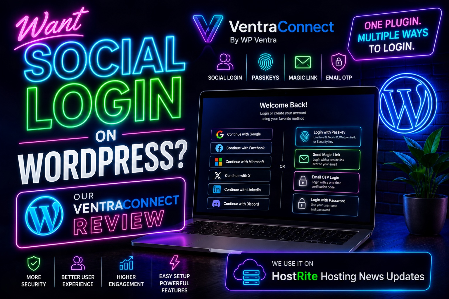 Neon style banner advertising social login on wordpress  with a laptop showing login options