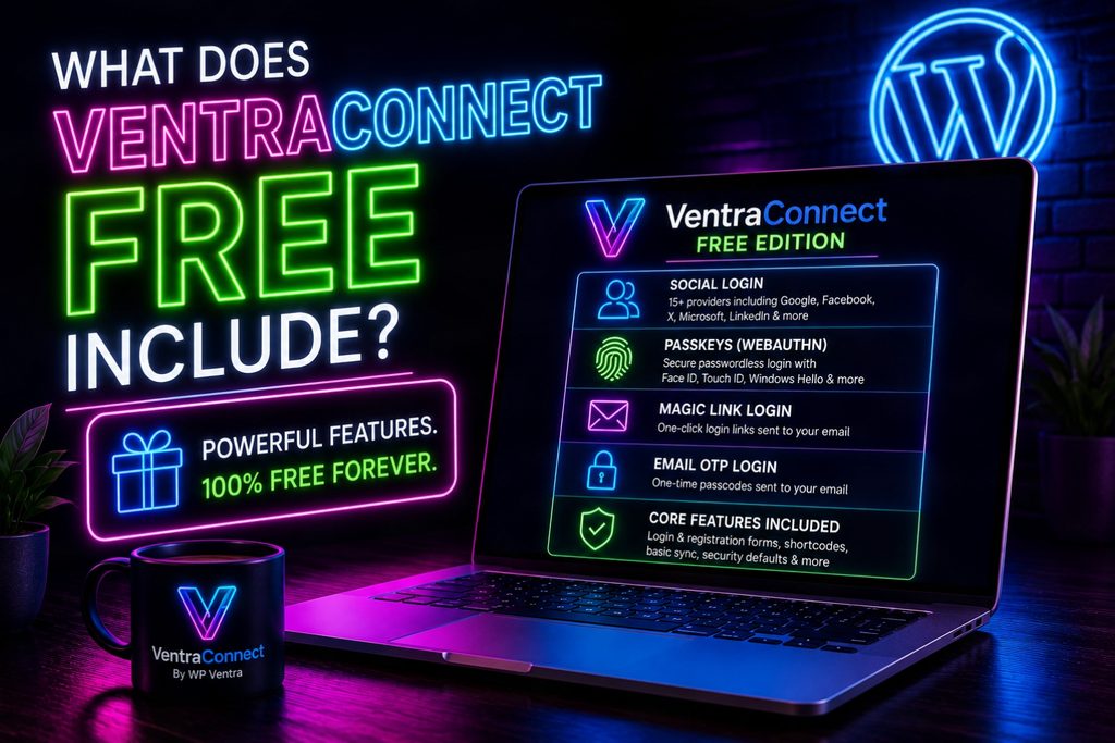 Ventraconnect free edition features overview hostrite news A laptop screen displaying the features of the ventraconnect free edition including social login passkeys magic links email otp and core features set against a dark background with neon lighting
