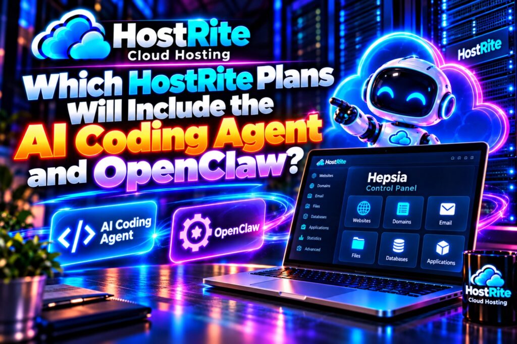 Which hostrite plans will include the ai coding agent and openclaw hostrite news Neon ad for hostrite cloud hosting with a friendly robot laptop screen and bold text about ai coding agent and openclaw
