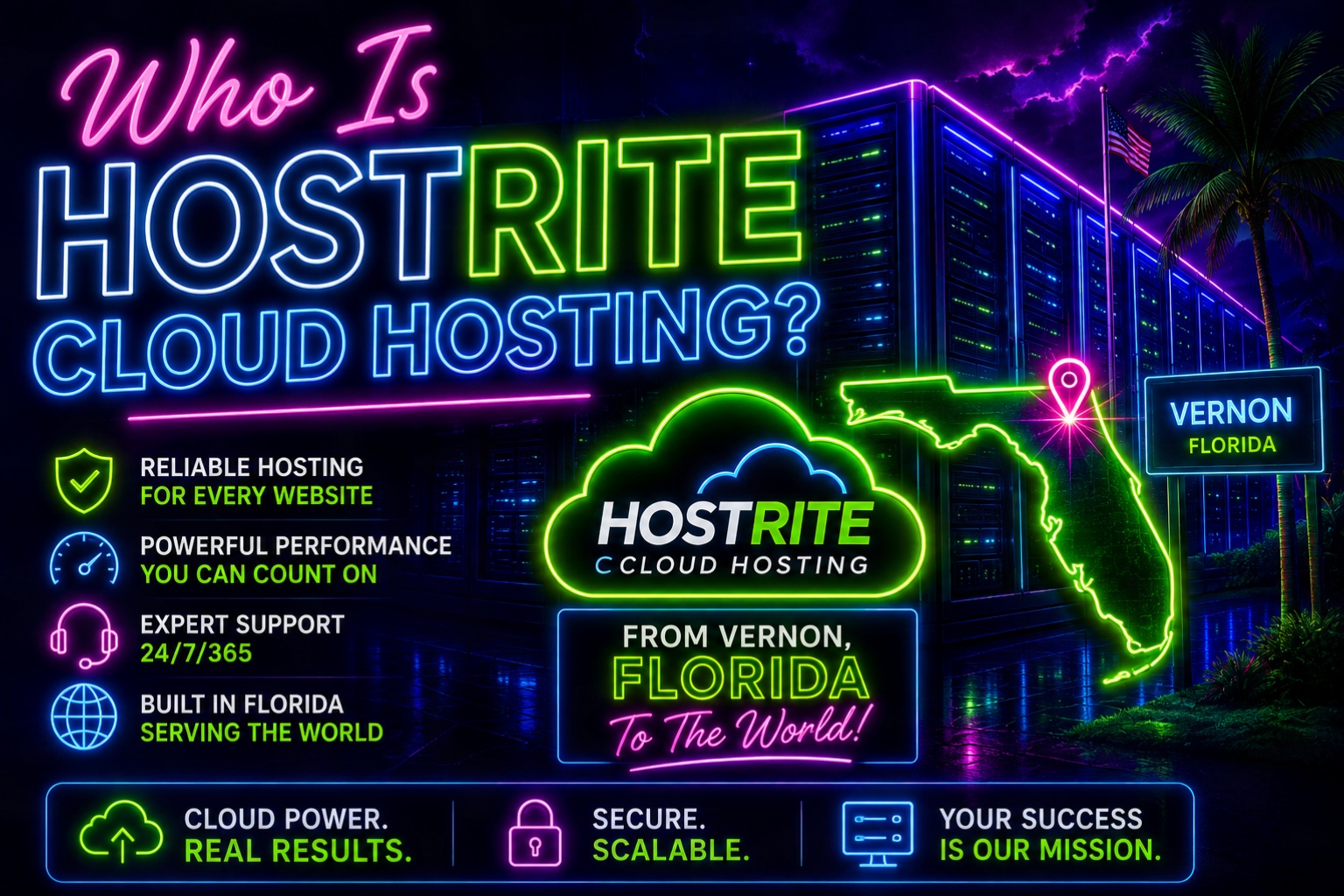 Neon advertisement for hostrite cloud hosting in florida showing a server building a florida map outline and a list of hosting benefits