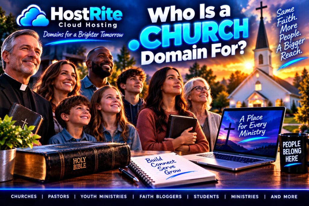 Diverse group of people in front of a church promo banner advertising a Church domain In the scene is a church building at sunset and a table with a bible and notebook   but fix to clean json