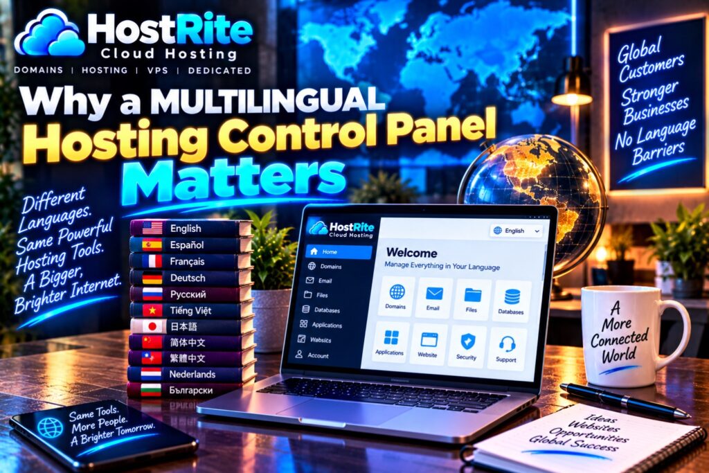 Banner advertising hostrite cloud hosting with the headline'Why a Multilingual Hosting Control Panel Matters' and a glowing world map backdrop.