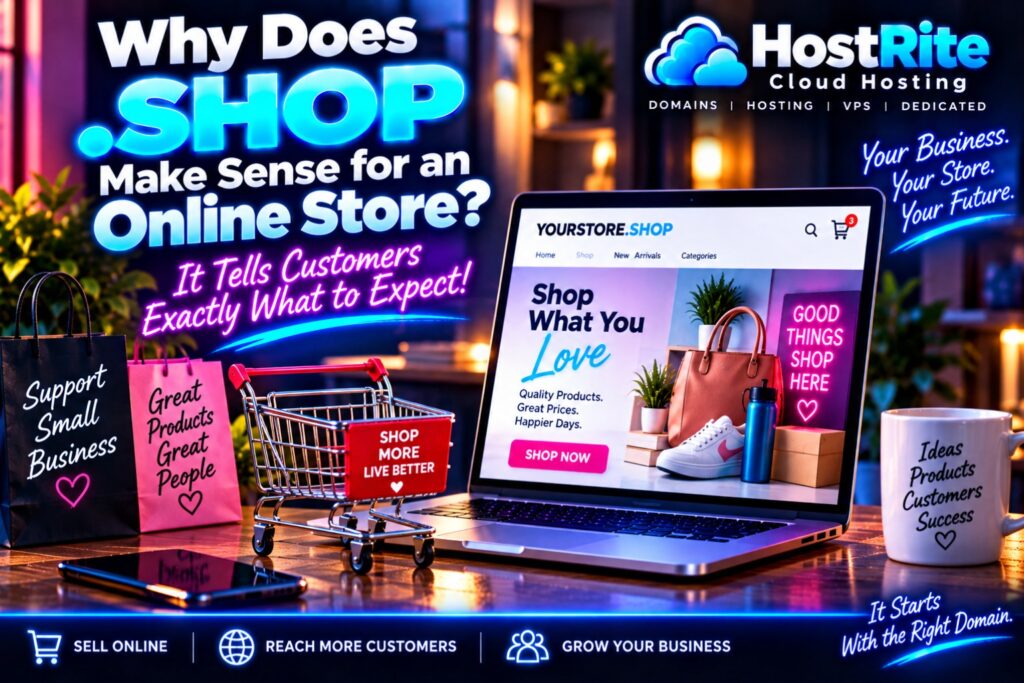 Why does shop make sense for an online store hostrite news Bright storefront style ad promoting online stores with a laptop showing a shop website and shopping cart on a desk