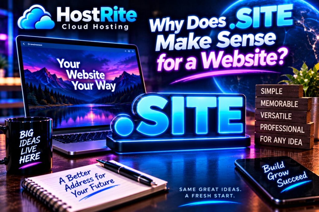 Why does site make sense for a website hostrite news Neon lit desk setup promoting website hosting laptop reads'Your Website Your Way,' a bright 'SITE' sign, stacked blocks with 'Simple, Memorable, Versatile, Professional for any idea,' mug says 'BIG IDEAS LIVE HERE,' notebook and phone with motivational words.