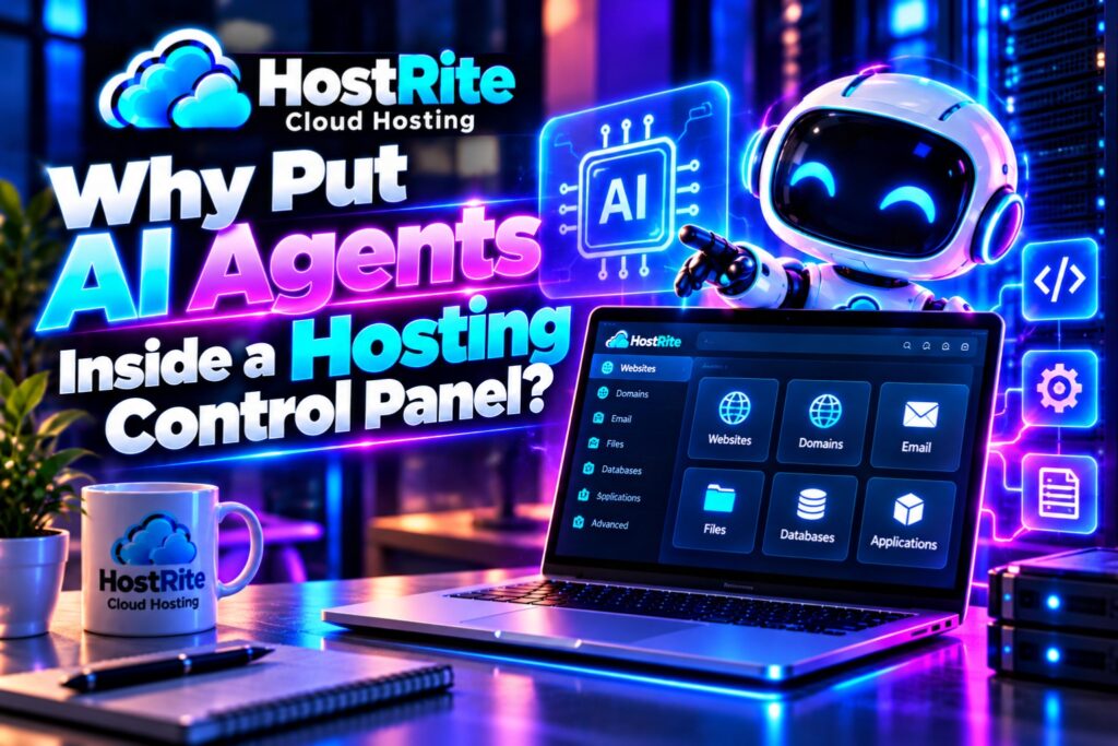 Why put ai agents inside a hosting control panel hostrite news Promotional banner for hostrite cloud hosting with a friendly robot beside a laptop showing an ai powered hosting control panel