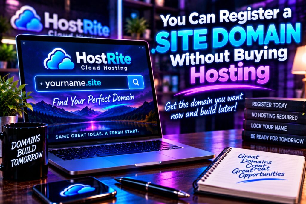 You can register a site domain without buying hosting hostrite news Laptop screen shows hostrite cloud hosting branding and a domain search bar for finding yourname Site neon ad text emphasizes registering a Site domain and hosting without buying