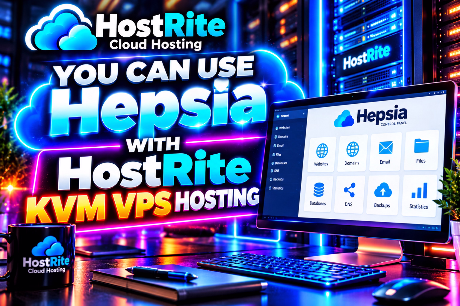 Neon lit ad for hostrite cloud hosting featuring hepsia control panel on a computer screen with bold text you can use hepsia with hostrite kvm vps hosting