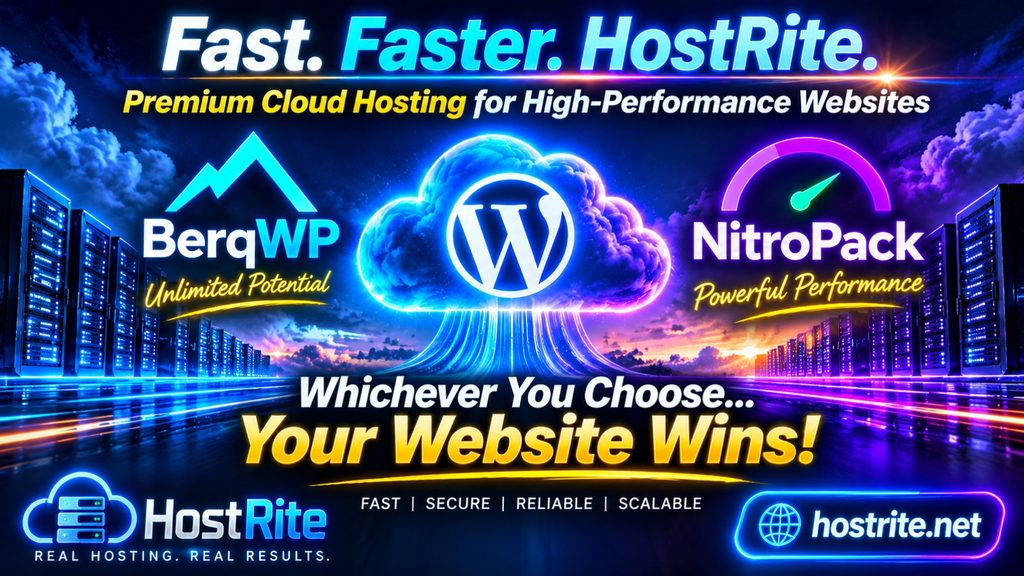 Hostrite wordpress performance comparison hostrite news Neon style banner advertising wordpress hosting with a glowing cloud and logos berrwp wordpress nitropack slogan'Your Website Wins'.
