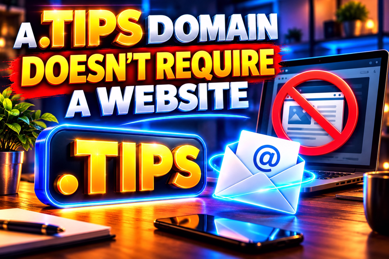 Neon style banner reading a Tips domain doesnt require a website with a laptop showing a no image icon and an envelope on a wooden desk