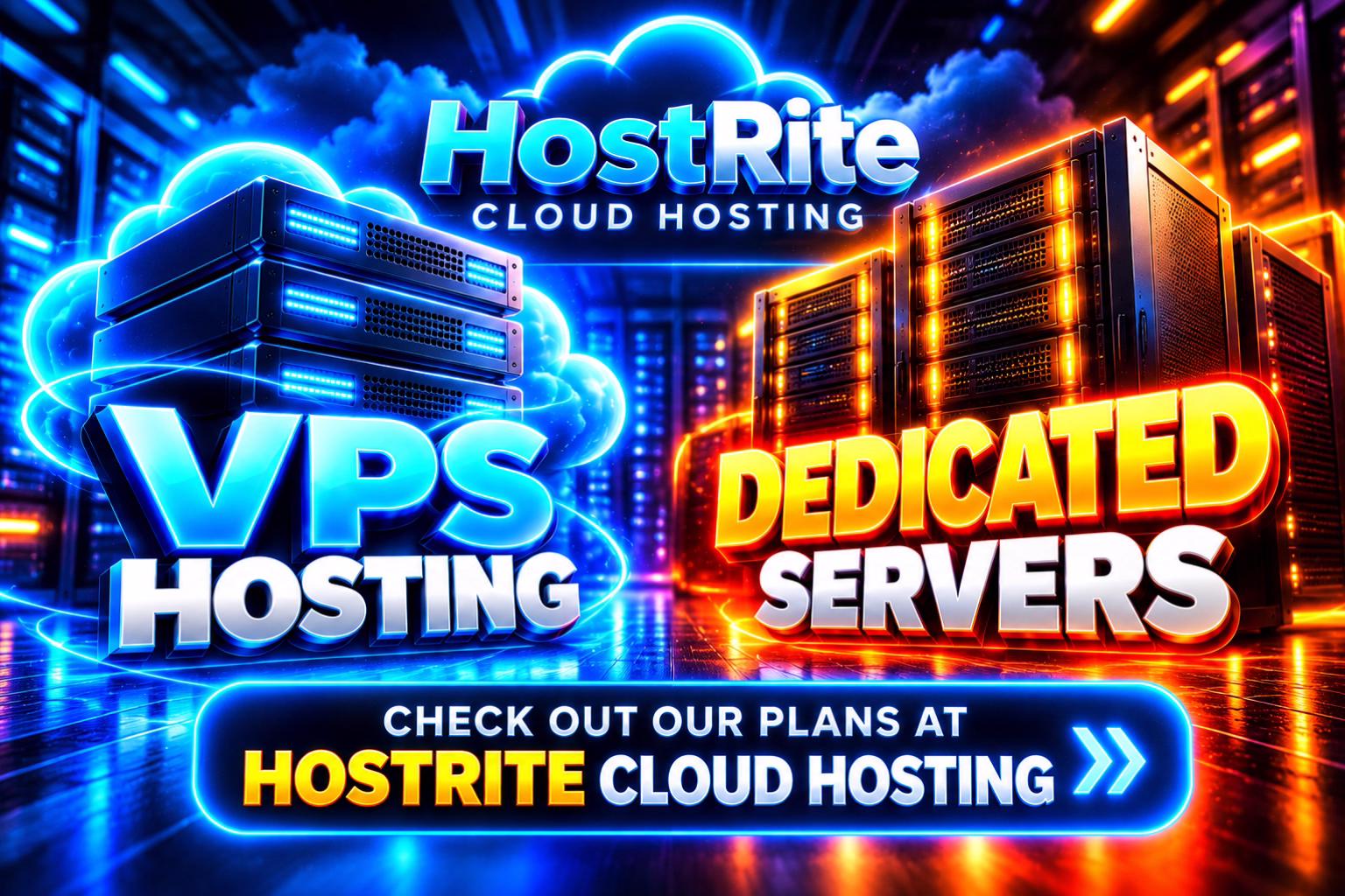 Check out our vps and dedicated plans at hostrite cloud hosting hostrite news Neon lit banner advertising hostrite cloud hosting with vps hosting on the left and dedicated servers on the right in a data center scene