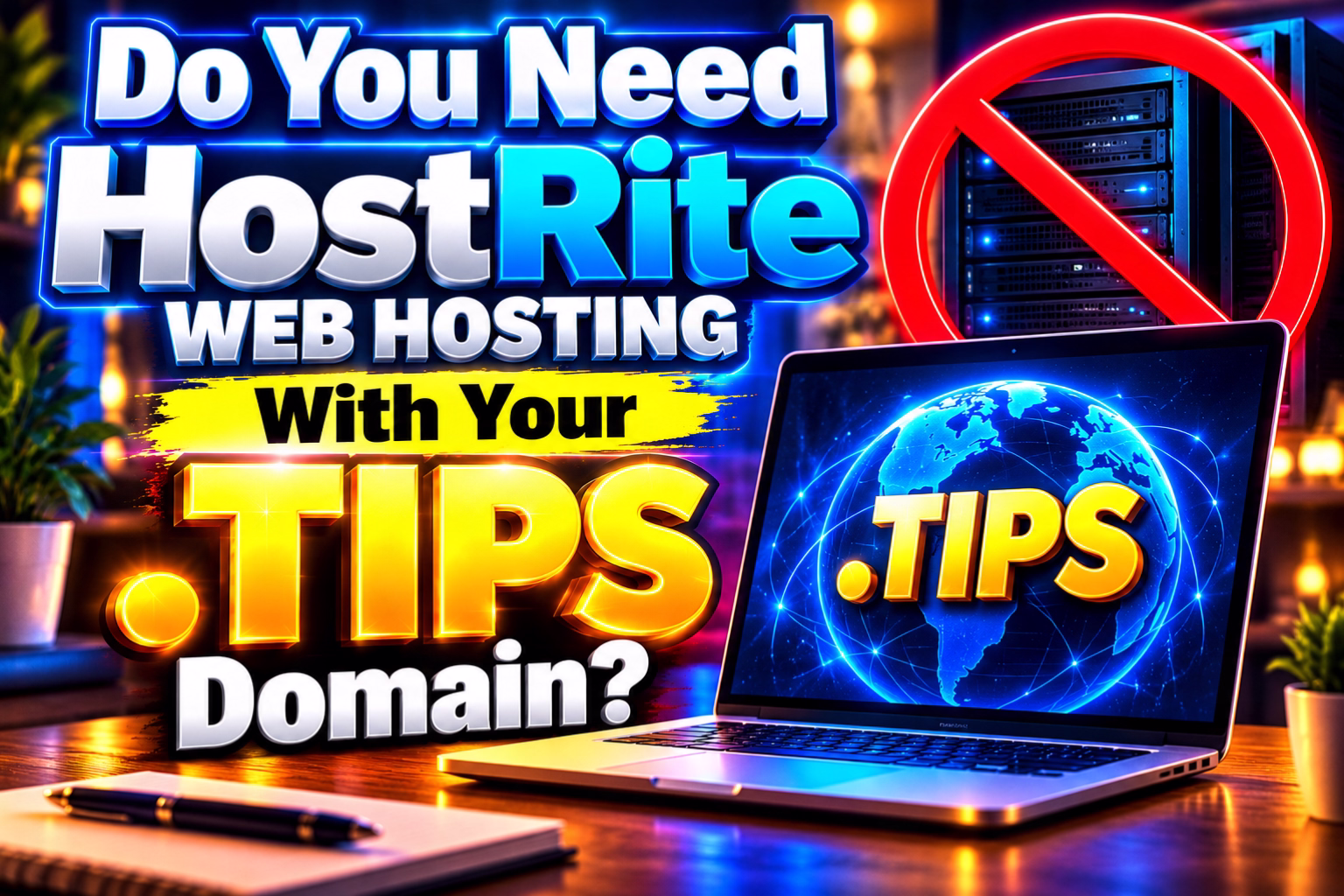 Colorful thumbnail promoting web hosting tips do you need hostrite web hosting with your Tips domain  with a laptop displaying a globe image