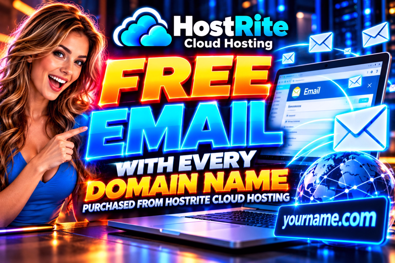 Free email with every domain name purchased from hostrite cloud hosting hostrite news Promotional banner for hostrite cloud hosting offering free email with every domain name smiling woman points to the text on a neon ad style backdrop