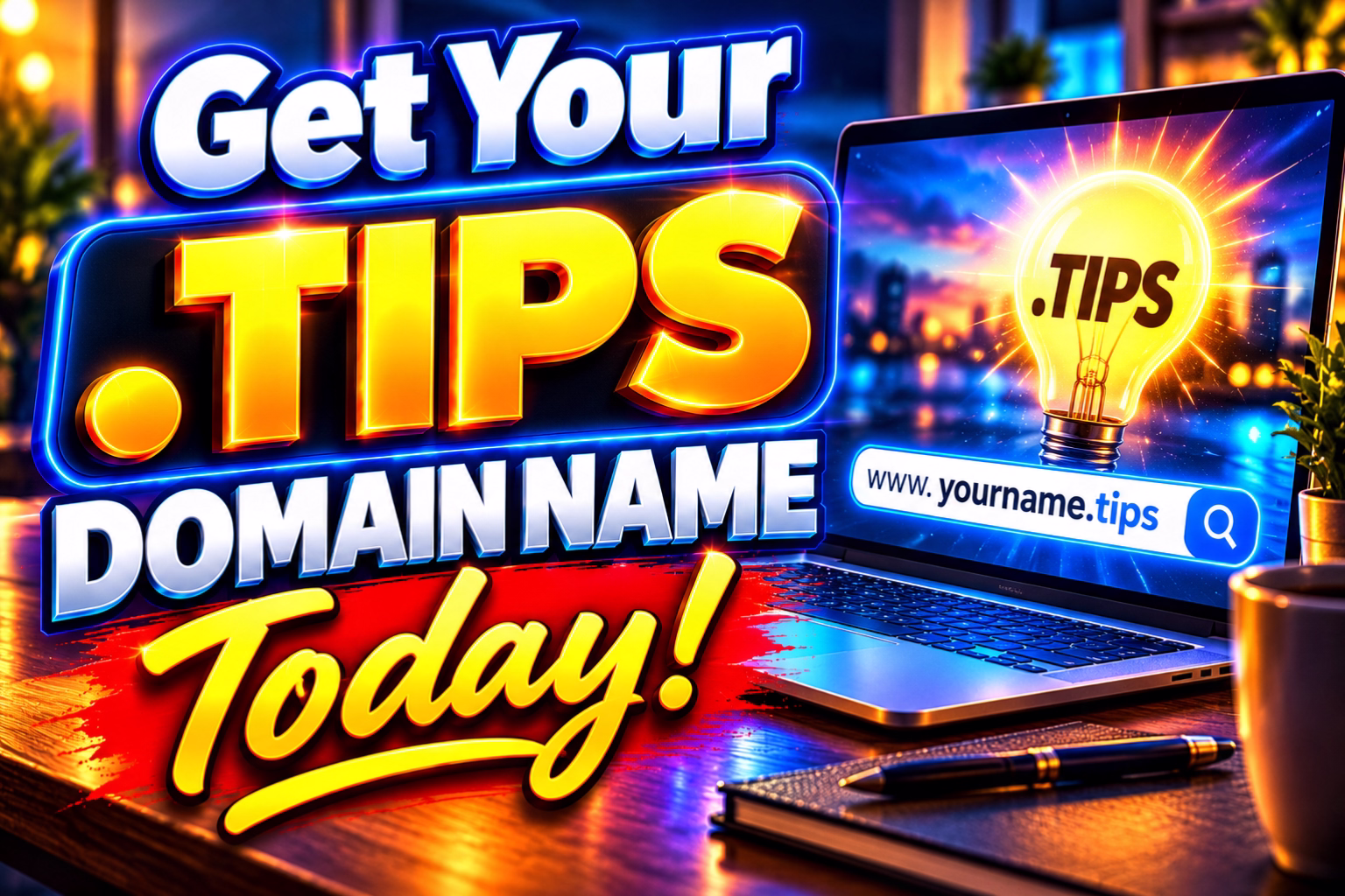 Bright ad banner promoting domain name tips'Get Your TIPS DOMAIN NAME Today' beside a laptop with a glowing light bulb.