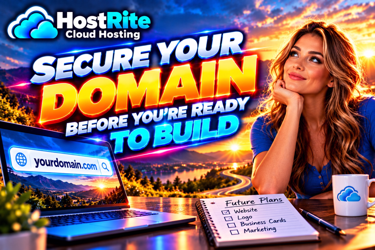 Promotional banner for hostrite cloud hosting with a smiling woman laptop showing'yourdomain.com', and bold 'Secure Your Domain' text across a sunset scene.