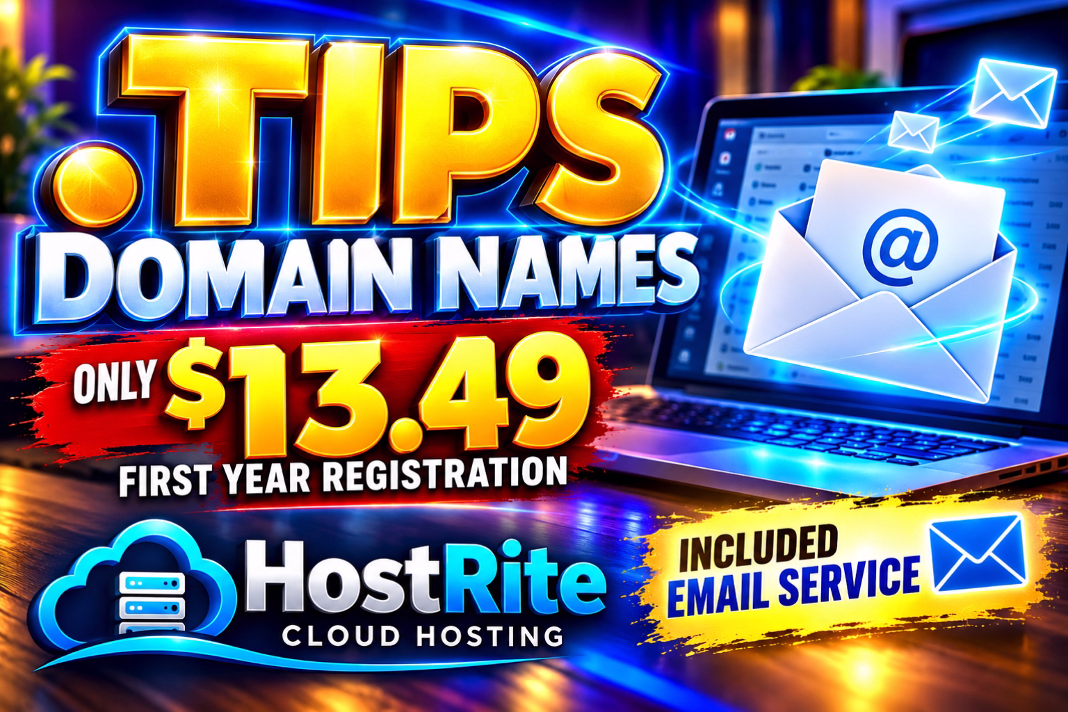 Hostrite domain offer with email service and cloud hosting hostrite news Bright promotional graphic displays domain names for $13 49 for the first year hostrite cloud hosting and included email service