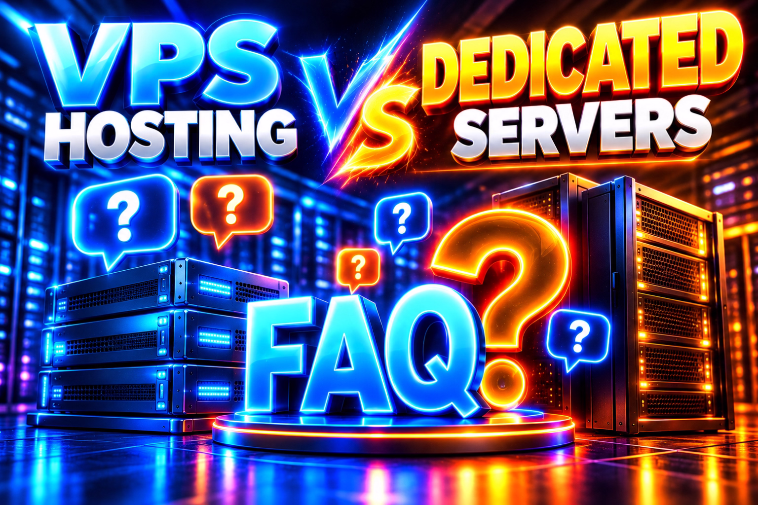 Vps hosting vs dedicated servers faq hostrite news Neon style graphic comparing vps hosting vs Dedicated servers with a large faq Sign in glowing blueorange text