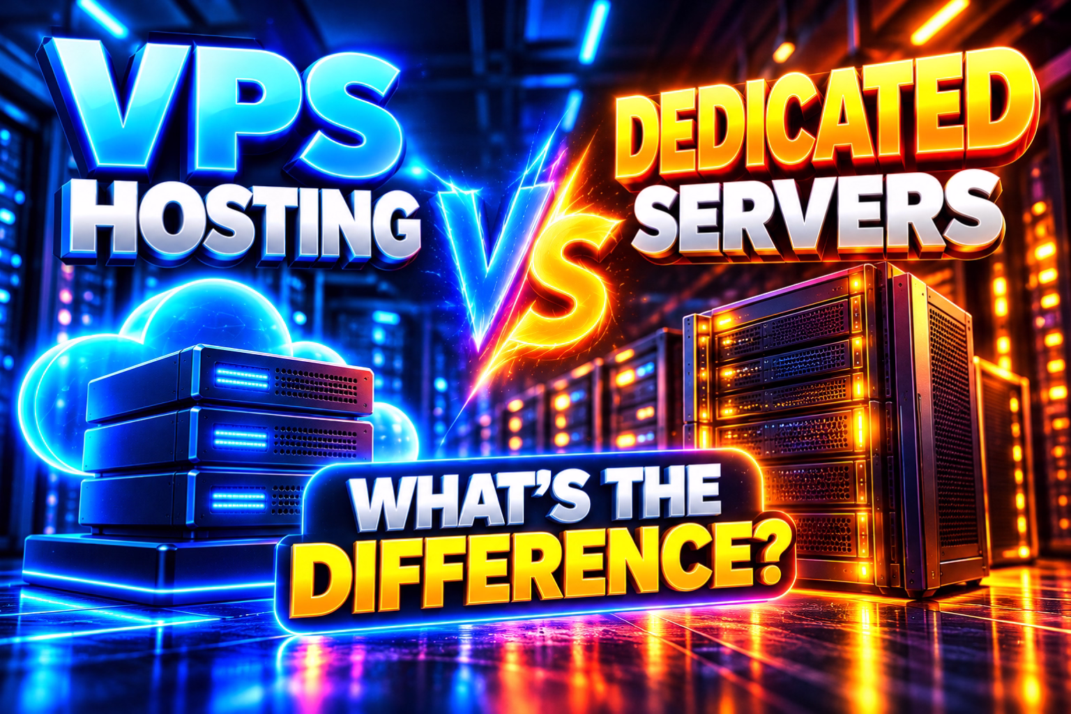 Vps hosting vs dedicated servers whats the difference hostrite news Colorful banner comparing vps hosting vs dedicated servers with the caption whats the difference in bold neon text