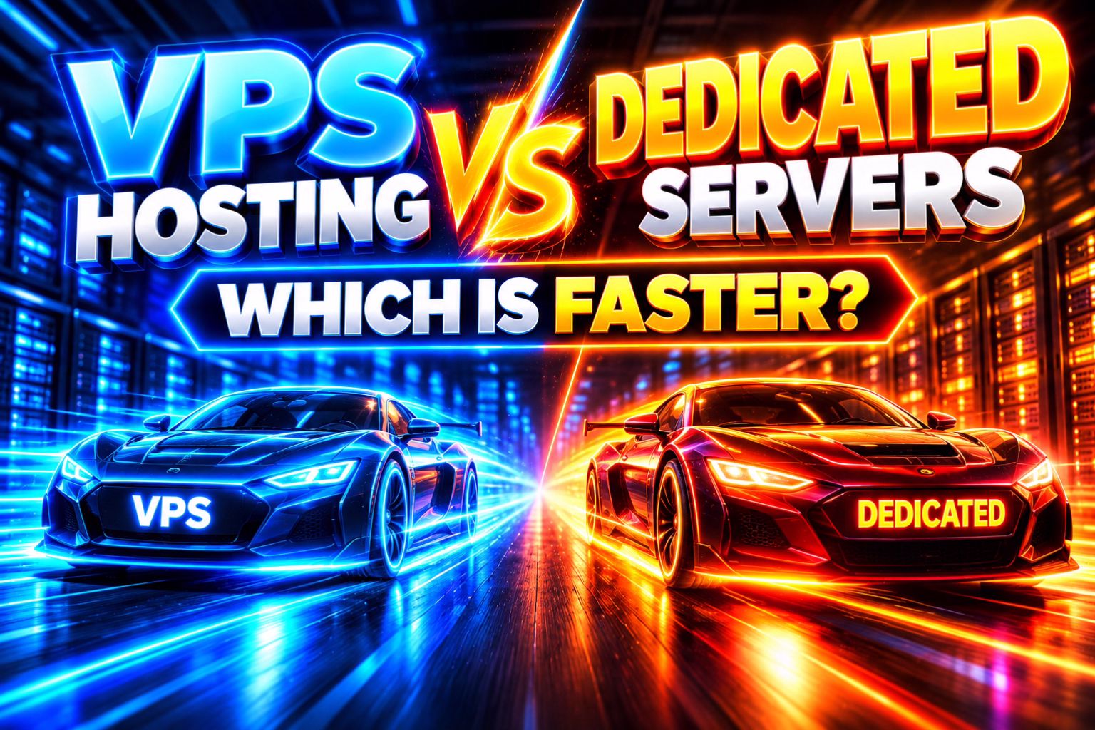 Vps hosting vs dedicated servers which is faster hostrite news Blue vps hosting car vs orange dedicated server car racing banner reads'VPS Hosting vs Dedicated Servers Which is Faster?'
