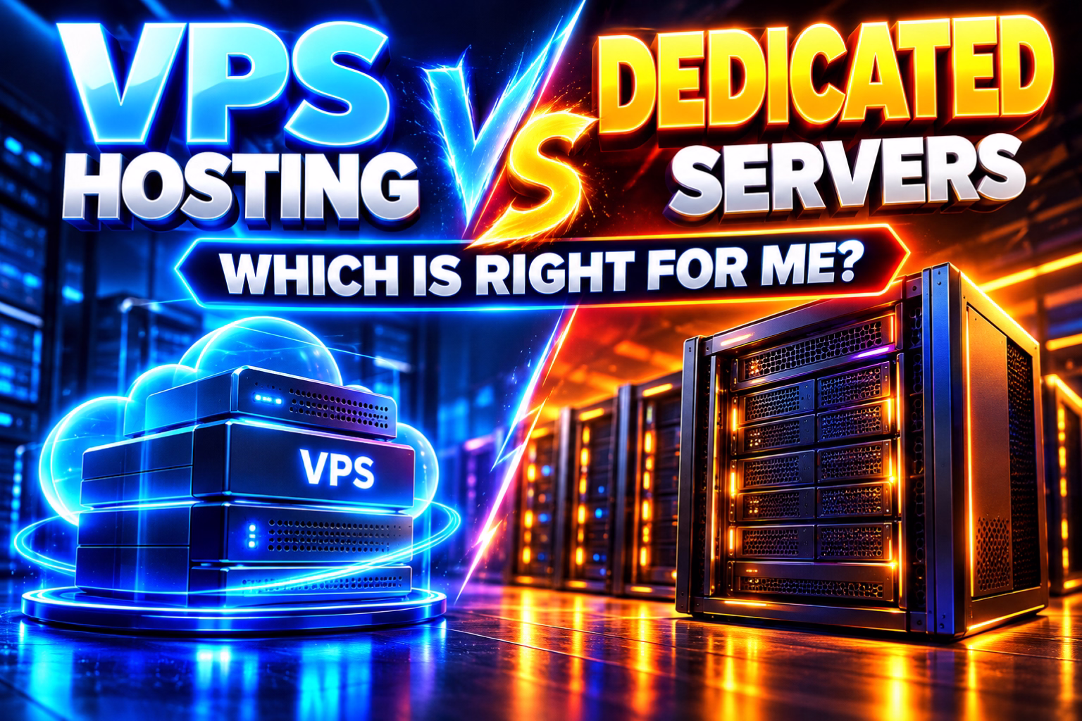 Vps hosting vs dedicated servers which is right for me hostrite news Colorful banner comparing vps hosting and dedicated servers blue vps stacks on the left orange server rack on the right with text vps hosting vs dedicated servers and which is right for me